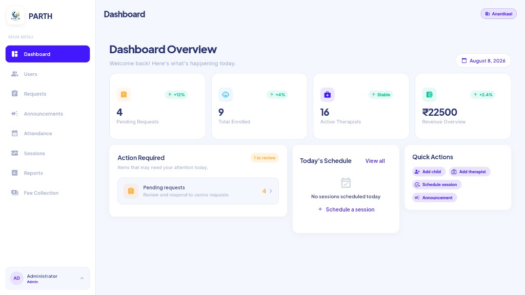 Parth admin dashboard showing centre requests, enrolled children, therapists and revenue